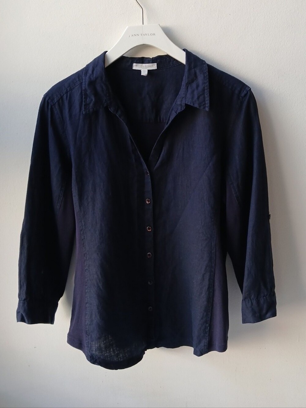 Eileen Fisher Irish Linen Button Front Shirt Navy Blue Medium Petite